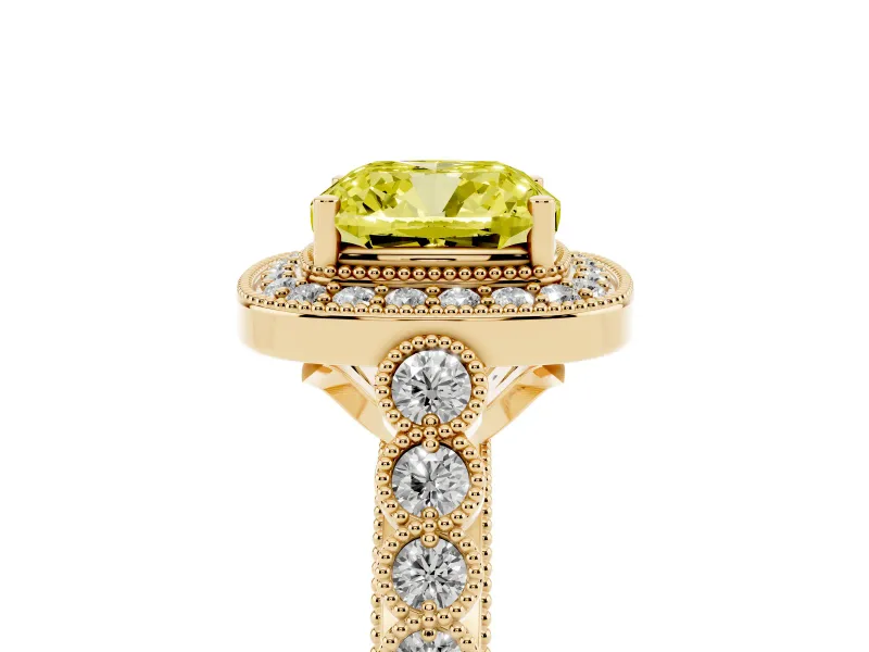 Cushion Cut Graduated Milgrain Halo Engagement Ring Setting for a Fancy Yellow Lab-Grown Diamond | Yellow Gold