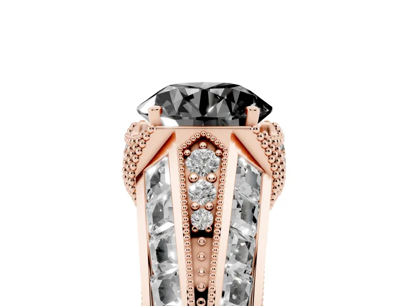 Fancy Black Round Cut Diamond Vintage-Inspired Milgrain Ring Set in Rose gold with Accent Split Shank