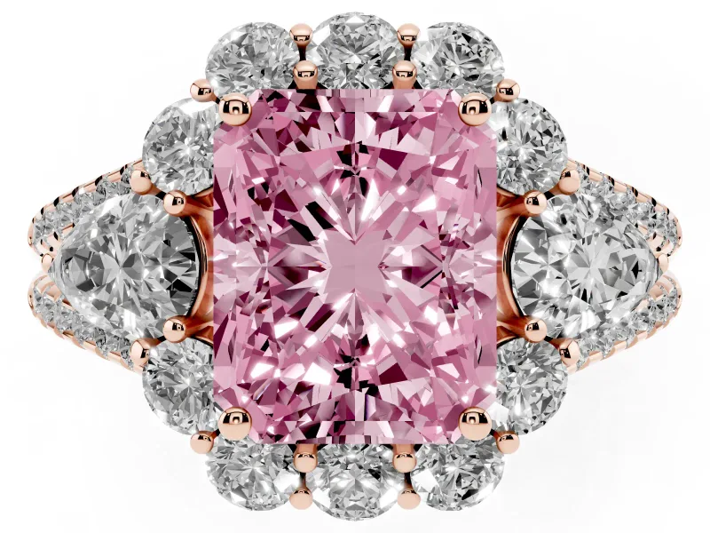 Fancy Pink Radiant Cut Diamond Halo Split Shank Engagement Ring Set in Rose gold with Prong-Held Center Stone