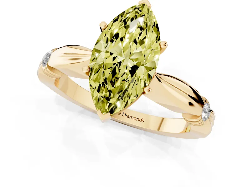 Fancy Yellow Marquise Cut Diamond Solitaire Twisted Band Ring Set in Yellow gold with Accent Stones and Prong Setting