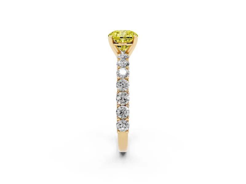 Cushion Cut Shared Prong Engagement Ring Setting for a Fancy Yellow Lab-Grown Diamond | Yellow Gold