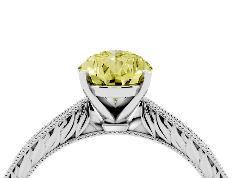 Fancy Yellow Pear Cut Diamond Solitaire Milgrain Engraved Band Set in Silver with Prong Setting
