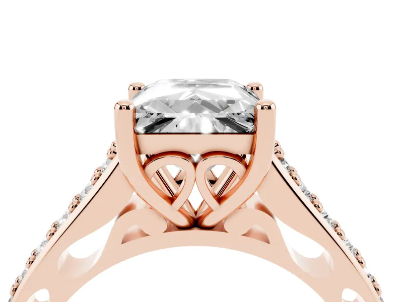 Princess Cut Graduated Pave Cathedral Engagement Ring Setting | Scroll Cut-Outs | Rose Gold