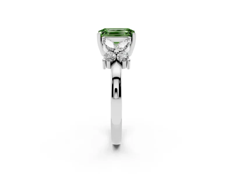 Fancy Green Emerald Cut Diamond Floral Cluster Ring Set in White gold with Marquise Petals and Prong Setting