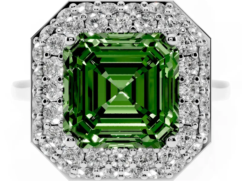 Asscher Cut Pave Halo Engagement Ring Setting for a Fancy Green Lab-Grown Diamond | Slim Plain Band | Platinum