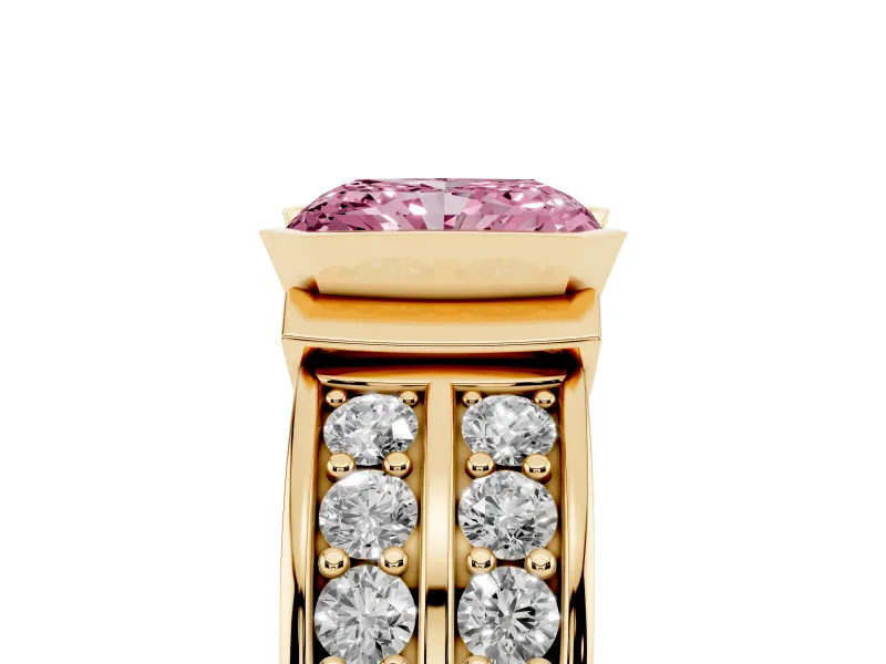 Radiant Cut Half Bezel Engagement Ring Setting for a Fancy Pink Lab-Grown Diamond | Channel Band | Yellow Gold
