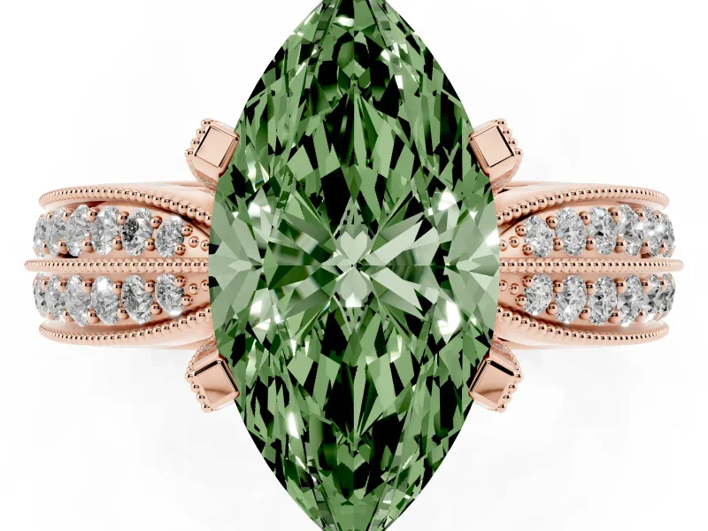Fancy Green Marquise Cut Diamond Solitaire Ring Set in Rose gold with Milgrain Double Row Round Pavé Band