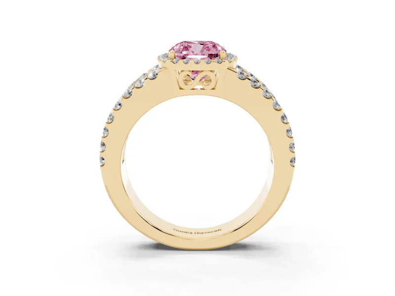 Fancy Pink Cushion Cut Diamond Halo Ring Set in Yellow gold with Pavé Split Shank and Prong Setting