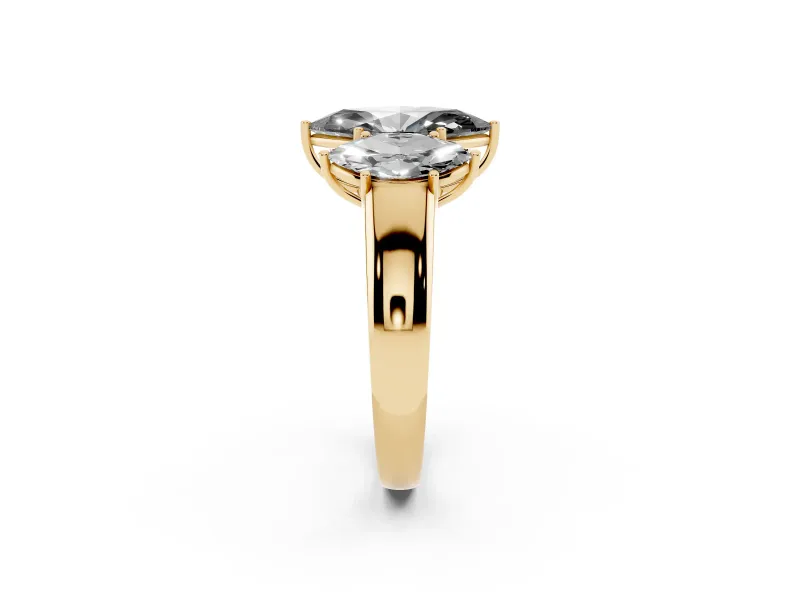 Fancy Black Three-Stone Marquise Cut Diamond Ring Set in Yellow gold with Matching Prong Settings and Plain Band