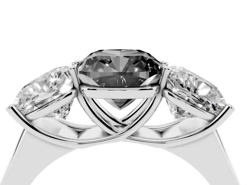 Cushion Cut Three Stone Engagement Ring Setting for a Black Center | Basket Prong Heads | Platinum