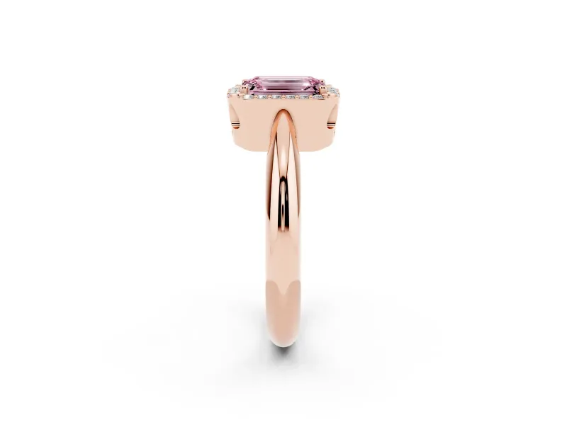 Fancy Pink Emerald Cut Diamond Halo Engagement Ring Set in Rose gold with Plain Split Shank and Prong Setting