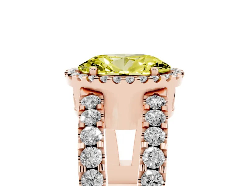 Fancy Yellow Oval Cut Diamond Halo Ring Set in Rose gold with Pavé Split Shank and Prong Setting