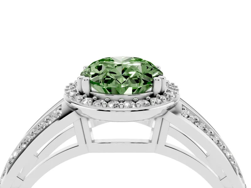 Fancy Green Oval Cut Diamond Halo Ring Set in White gold with Double Pavé Split Shank