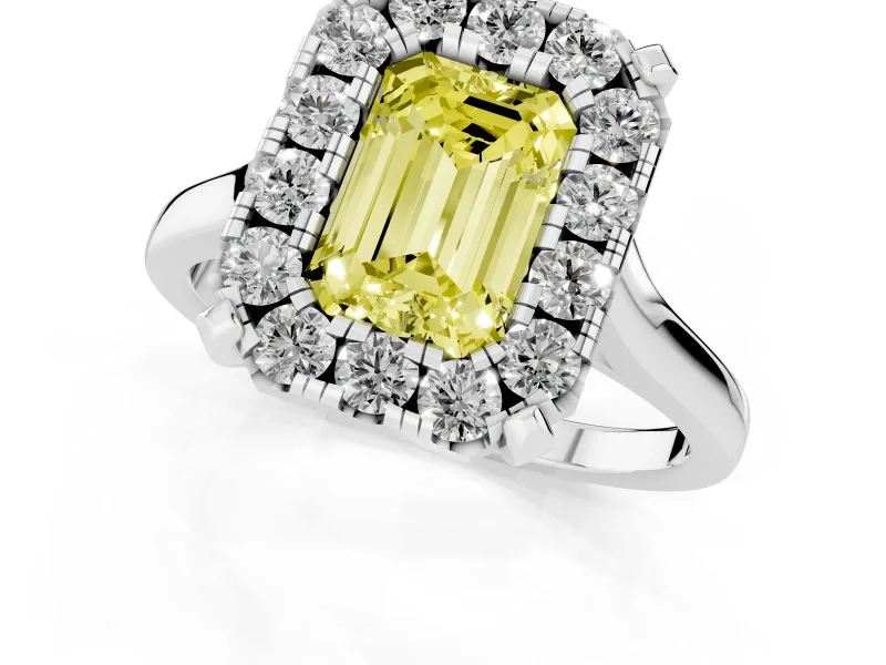 Emerald Cut Claw Corner Halo Engagement Ring Setting for a Fancy Yellow Lab-Grown Diamond | Plain Band | Sterling Silver