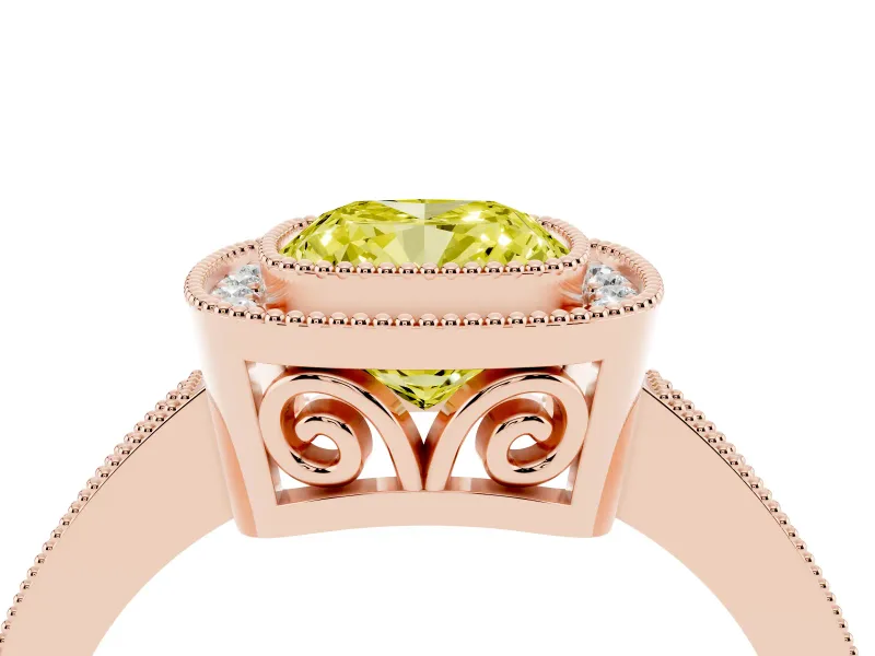 Fancy Yellow Cushion Cut Diamond Halo Ring Set in Rose gold with Pavé Band and Milgrain-Edged Prongs