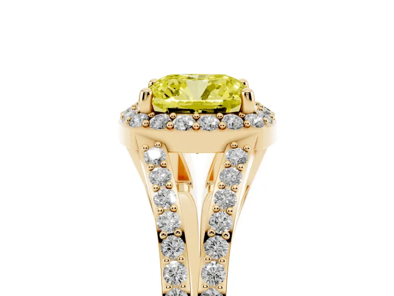 Cushion Cut Halo Engagement Ring Setting for a Fancy Yellow Lab-Grown Diamond | V-Split Pavé Band | Yellow Gold