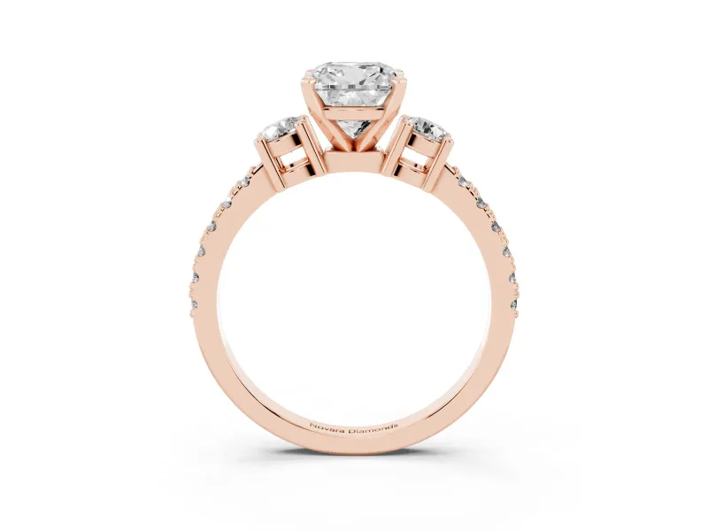 Cushion Cut Three Stone Pavé Engagement Ring Setting | Round Side Stones | Rose Gold
