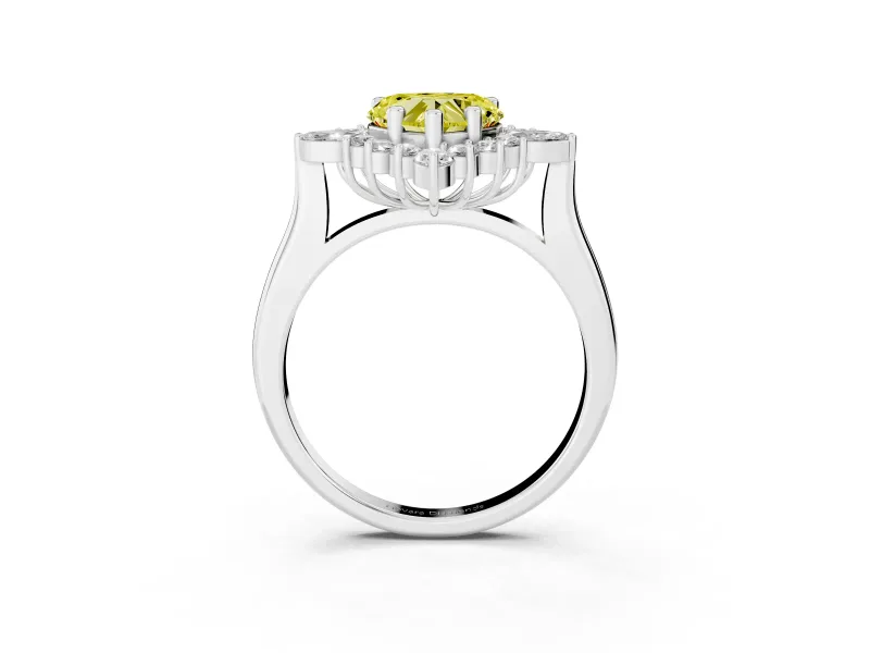 Fancy Yellow Heart Cut Diamond Cluster Halo Ring Set in Platinum with Marquise and Round Accents