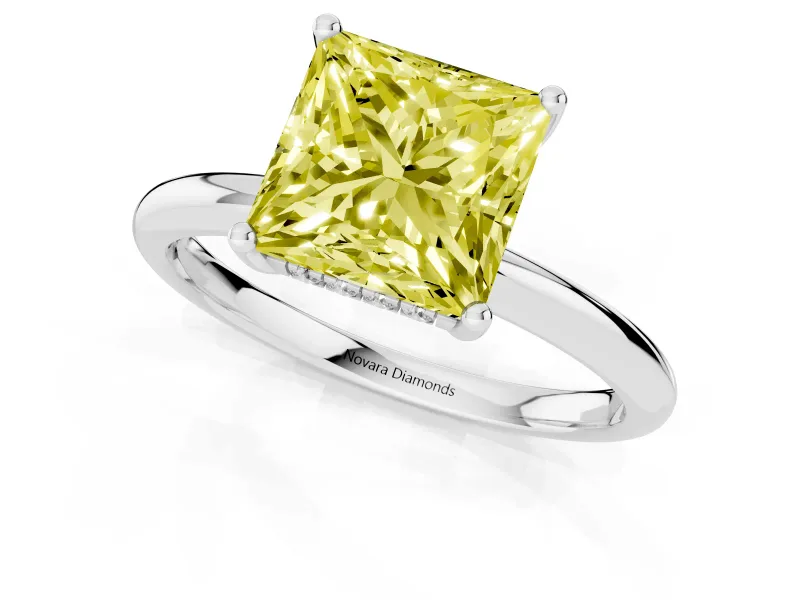 Fancy Yellow Princess Cut Diamond Solitaire Engagement Ring Set in Platinum with Prong Setting and Polished Band