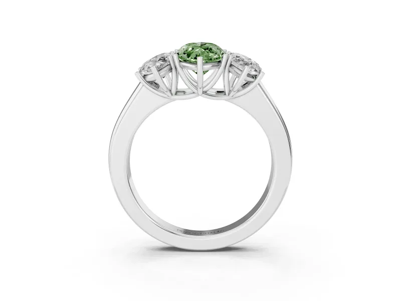 Fancy Green Three-Stone Marquise Cut Diamond Ring Set in White gold with Matching Prong Settings and Plain Band