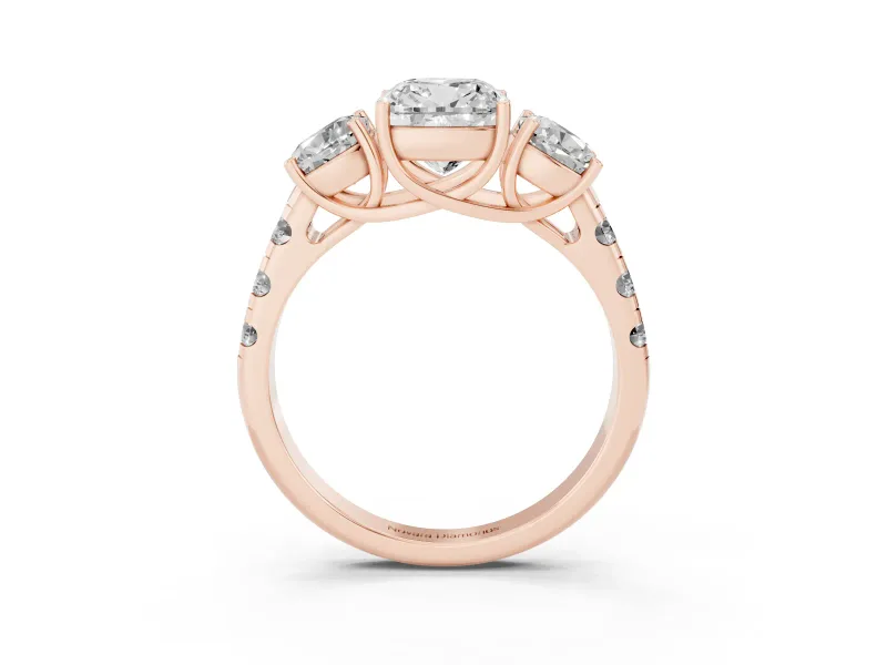 Cushion Cut Diamond Three-Stone Ring Set in Rose gold with Pavé Band