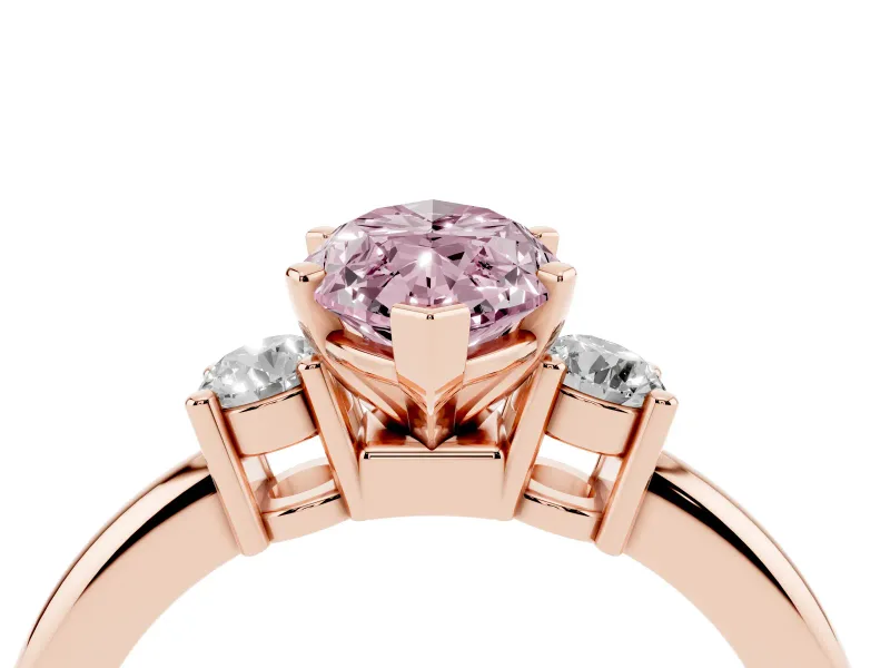 Fancy Pink Three-Stone Marquise Cut Diamond Ring Set in Rose gold with Prong Setting and Plain Band