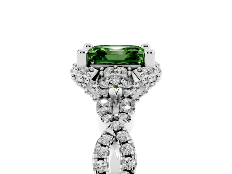 Fancy Green Asscher Cut Diamond Halo Twist Band Solitaire Ring Set in Platinum with Prong-Set Center Stone