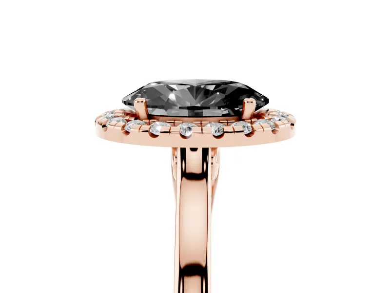 Fancy Black Oval Cut Halo Round Diamond Solitaire Ring Set in Rose gold with Pavé Band and Prong Setting