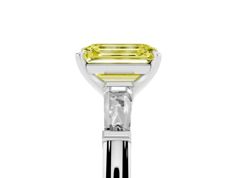 Emerald Cut Three Stone Engagement Ring Setting for a Fancy Yellow Lab-Grown Diamond | Tapered Baguettes | White Gold