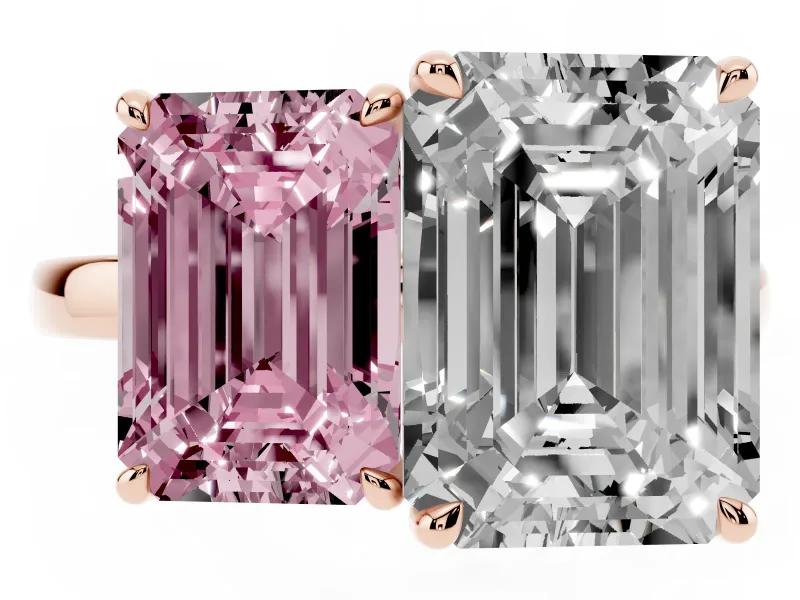 Fancy Pink Emerald Cut and Emerald Cut Toi Moi Ring Set in Rose gold with Prong Setting