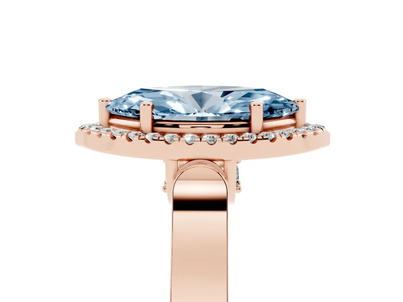 Fancy Blue Marquise Cut Diamond Halo Ring Set in Rose gold with Pavé-Lined Split Shank Band