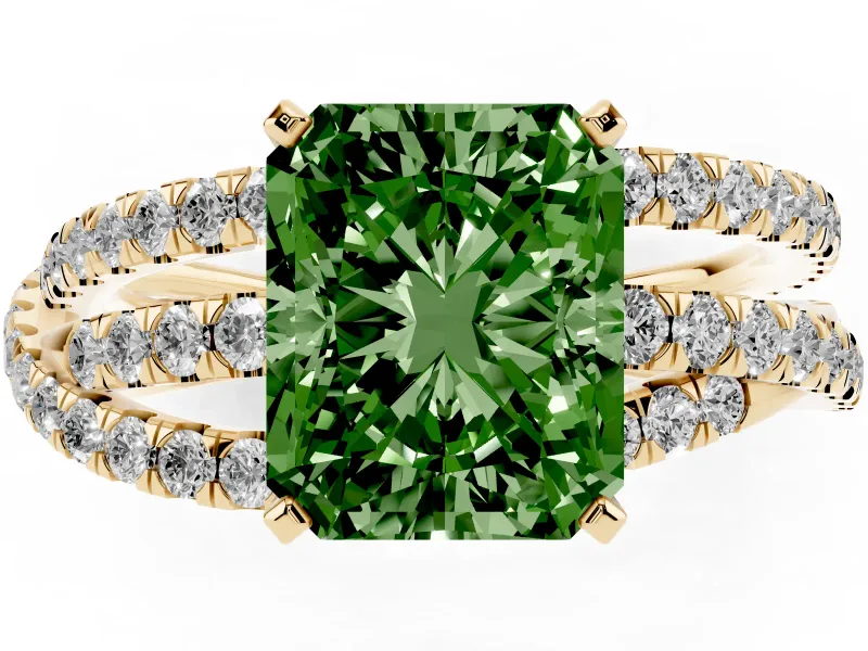 Fancy Green Radiant Cut Diamond Solitaire Twist Band Ring Set in Yellow gold with Pavé Setting and Prong Head