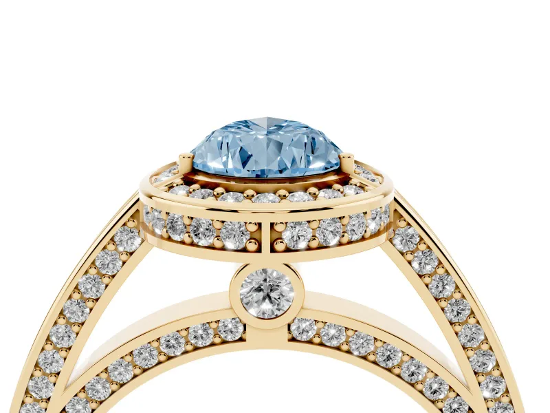 Fancy Blue Pear Cut Diamond Halo Pavé Split Shank Ring Set in Yellow gold with Prong Setting