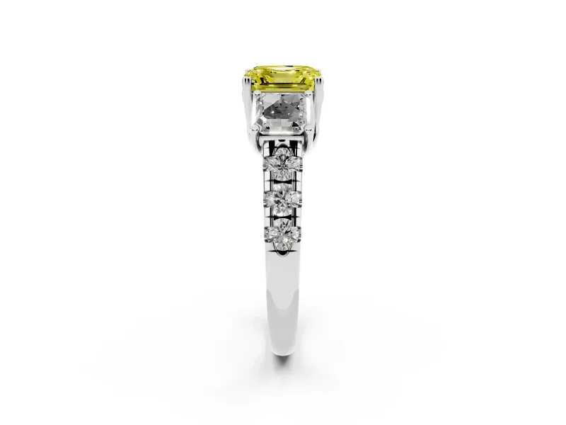 Asscher Cut Three Stone Engagement Ring Setting for a Fancy Yellow Lab-Grown Diamond | Accented Shoulders | Platinum