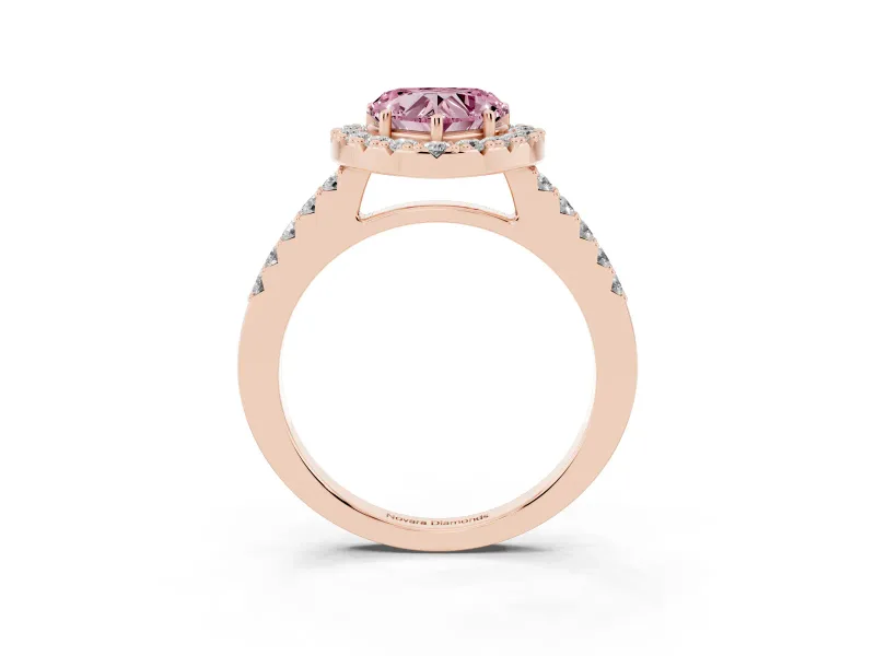 Fancy Pink Heart Cut Diamond Halo Pavé Solitaire Ring Set in Rose gold with Prong-Set Center Stone
