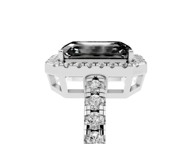 Fancy Black Emerald Cut Diamond Halo Ring Set in Platinum with Delicate Pavé Band and Prong Setting