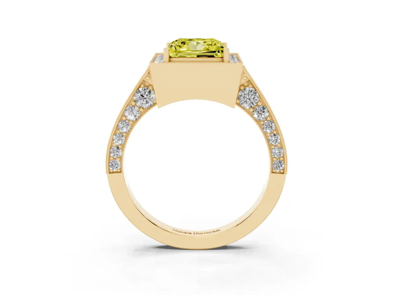 Princess Cut Milgrain Halo Engagement Ring Setting for a Fancy Yellow Lab-Grown Diamond | Side Stones | Yellow Gold