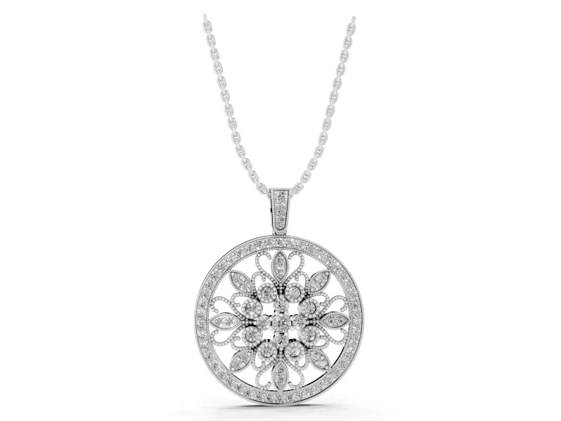 Round Lab-Grown Diamond Floral Filigree Pendant Necklace | Pavé Frame | White Gold