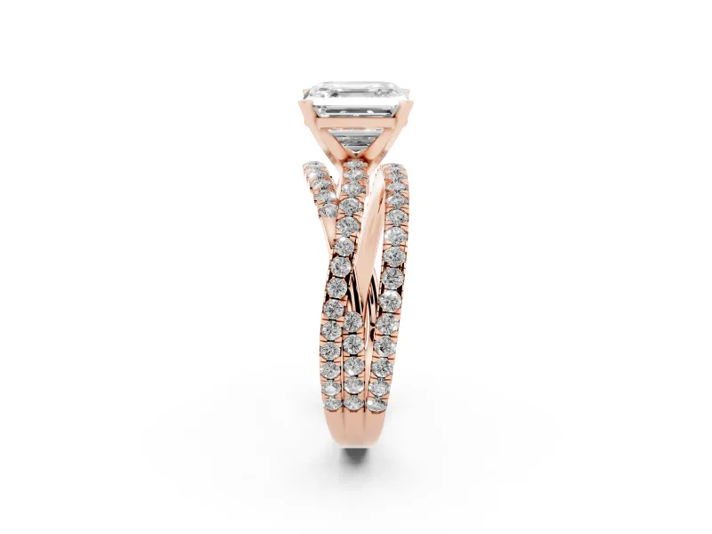 Asscher Cut Diamond Solitaire Twist Band Ring Set in Rose gold with Pavé Setting and Prong Head