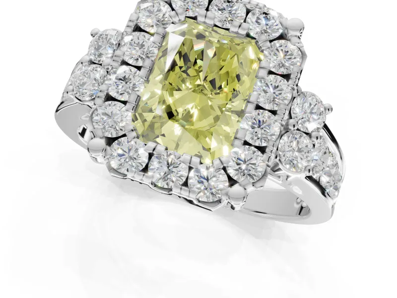 Radiant Cut Halo Engagement Ring Setting for a Fancy Yellow Lab-Grown Diamond | Graduated Channel Band | Platinum