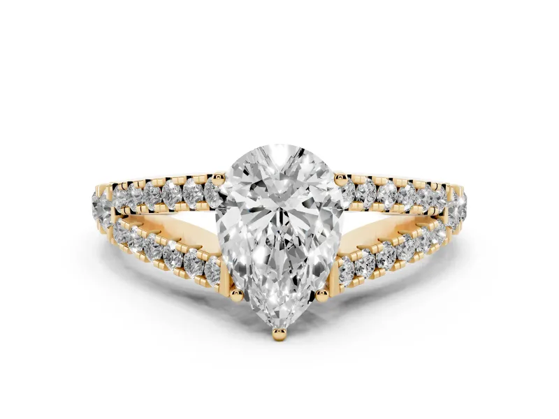 Pear Cut Diamond Split Shank Pavé Engagement Ring Set in Yellow gold with Prong-Held Center Stone