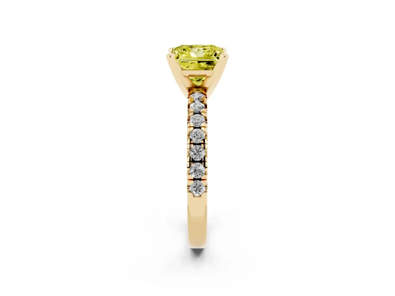 Fancy Yellow Princess Cut Diamond Solitaire Pavé Engagement Ring Set in Yellow gold with Round Band and Prong Setting