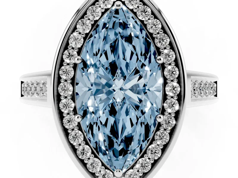 Fancy Blue Marquise Cut Diamond Halo Solitaire Ring Set in Silver with Pavé Band and Bezel Setting