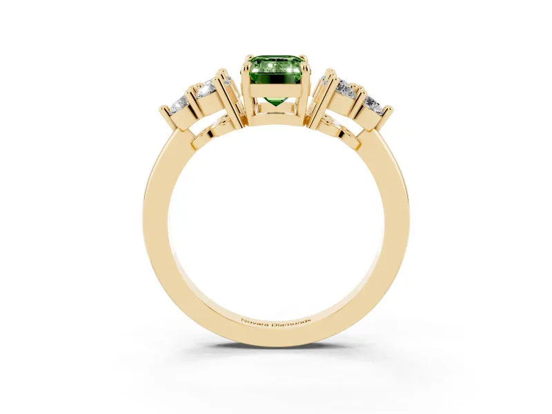 Fancy Green Emerald Cut Diamond Solitaire Ring Set in Yellow gold with Cluster Accents on Each Side
