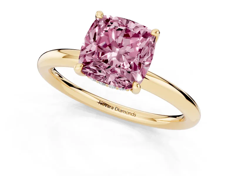 Cushion Cut Hidden Halo Ring Setting for a Fancy Pink Lab-Grown Diamond | Yellow Gold