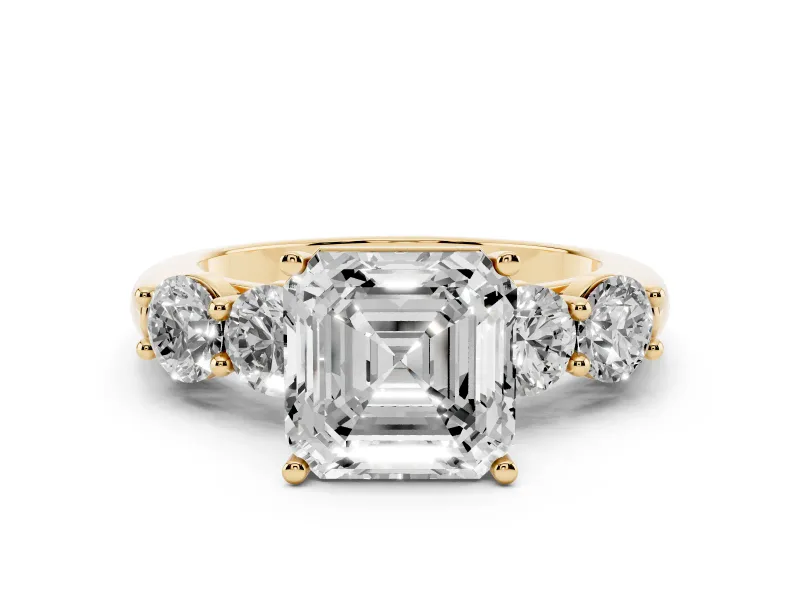 Asscher Cut Diamond Five-Stone Prong Set Ring Set in Yellow gold with Classic Band