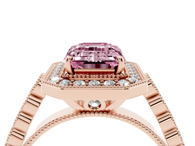 Emerald Cut Graduated Milgrain Halo Engagement Ring Setting for a Fancy Pink Lab-Grown Diamond | Rose Gold
