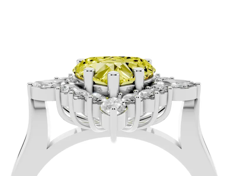 Fancy Yellow Heart Cut Diamond Cluster Halo Ring Set in White gold with Marquise and Round Accents