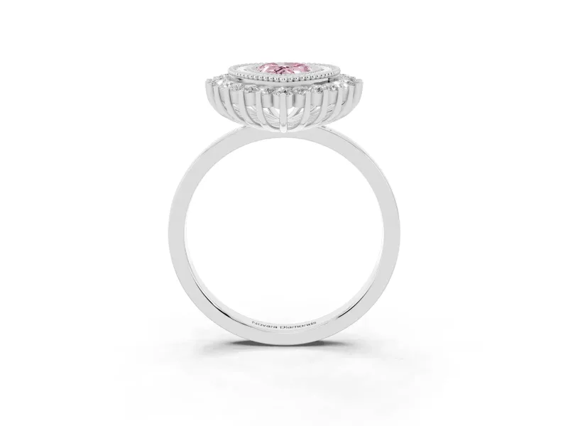 Fancy Pink Pear Cut Diamond Halo Ring Set in White gold with Milgrain Edge and Round Prong Setting