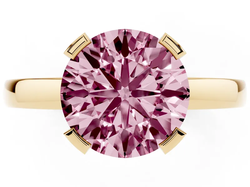 Fancy Pink Round Cut Diamond Solitaire Ring Set in Yellow gold with Prong Head and Smooth Polished Band